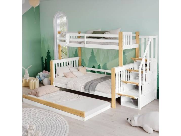 Lit superposé - Enfant - 90x200cm + 120x200cm - Lit gigogne 90x190cm - Blanc + Naturel - Escalier de rangement