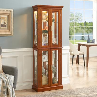 GREATPLANINC Lighted Curio Display Cabinet with Tempered Glass Doors, Curio Cabinet with Adjustable Shelves & Mirrored Back Panel