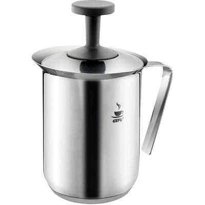 Milchaufschäumer GEFU "RICCARDO", silber, B:11,5cm H:19,5cm T:16,5cm, Milchaufschäumer, doppelter Siebeinsatz, ohne Strom, Edelstahl