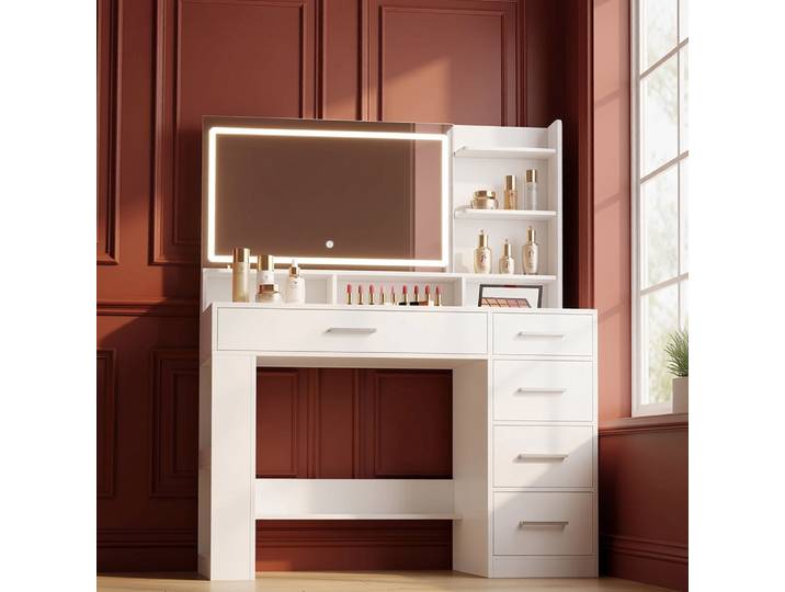 Grande coiffeuse Hzuaneri avec grand miroir HD et éclairage LED, table de maquillage avec 6 compartiments ouverts, 5 tiroirs et rangement latéral ouvert