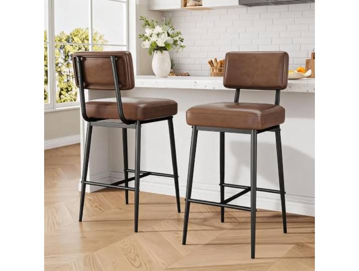GarveeMore 2er-Set Barhocker mit Rückenlehne – 66 cm hohe Thekenstühle aus Kunstleder – Stabiles Metallgestell, platzsparend – Dunkelbraun (V615-3038) – 2pcs per Set, Farbe: (V615-3038) Dark Brown