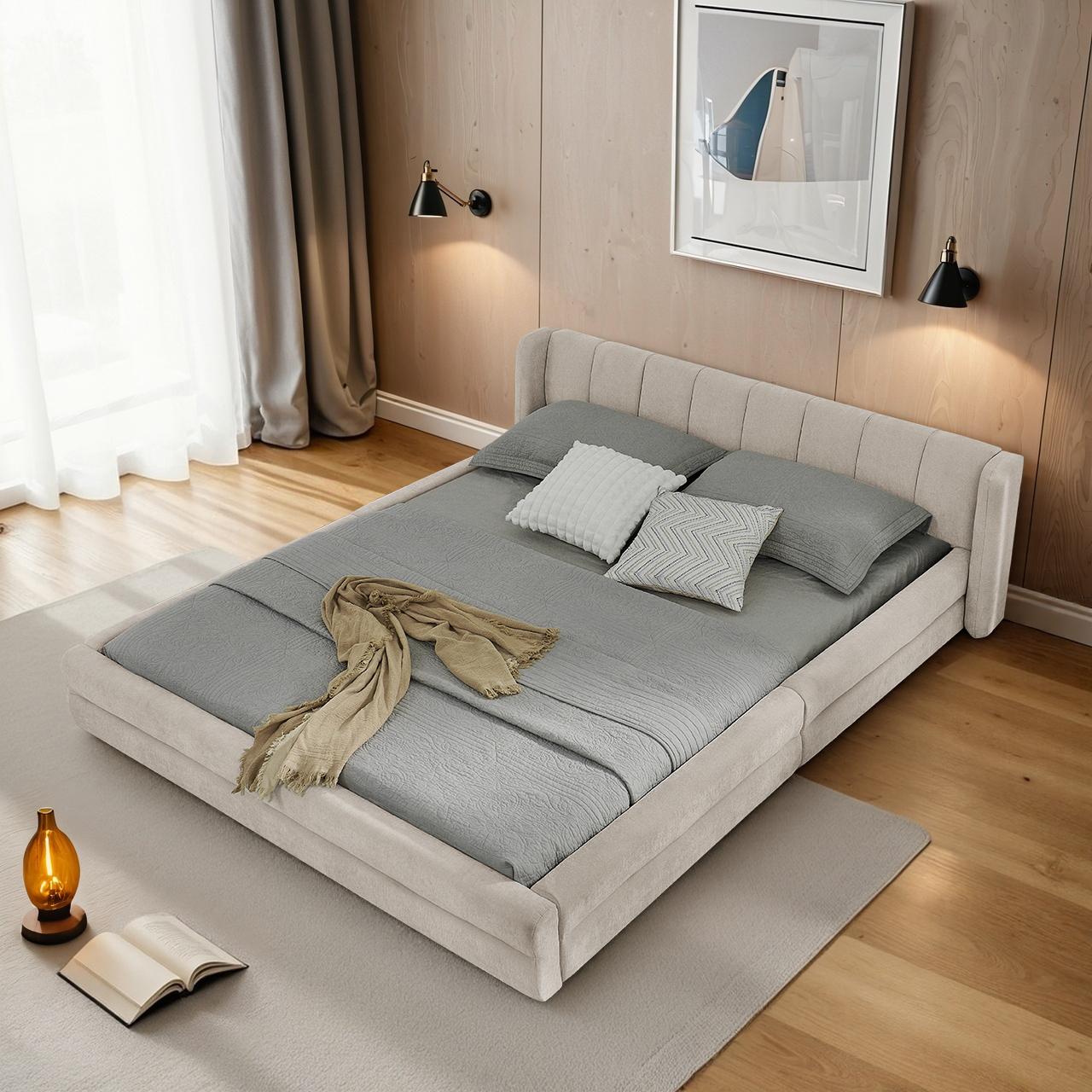 okwish Kinderbett 160x200 Jugendbett Doppelbett fließenden Linien und exzellenter Quilztechnik,Bettgestell mit Rückenlehne,Beige(mit Matratze)