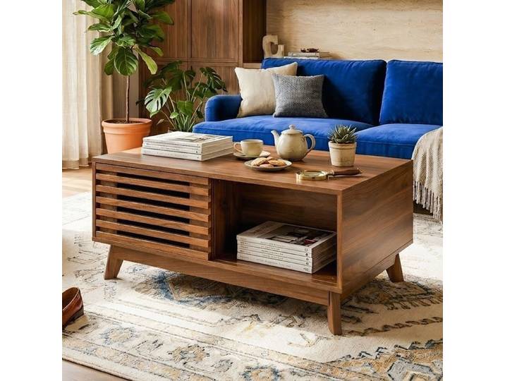 Table Basse Salon - 90x55x57.5cm - Plateau Relevable - Porte Jalousie Coulissante - Style Rétro Moderne - MDF Couleur Noyer