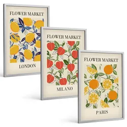 BILDER SET 3er Set - 40x60 cm Silberner Rahmen - Blumenplakate in Städten