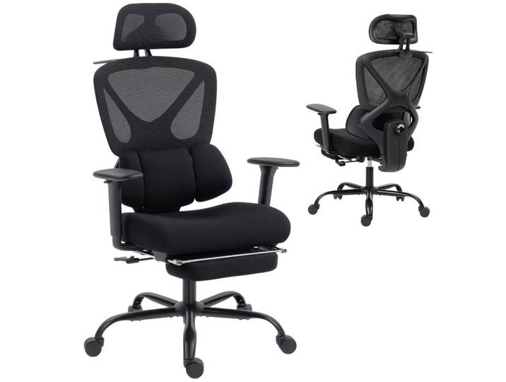 ComfortXL Drehstuhl De-11793 mit dynamischer 3-Zonen-Lordosenstütze Schwarz, 73x128x75 cm, Büromöbel, Bürostühle, Drehstühle