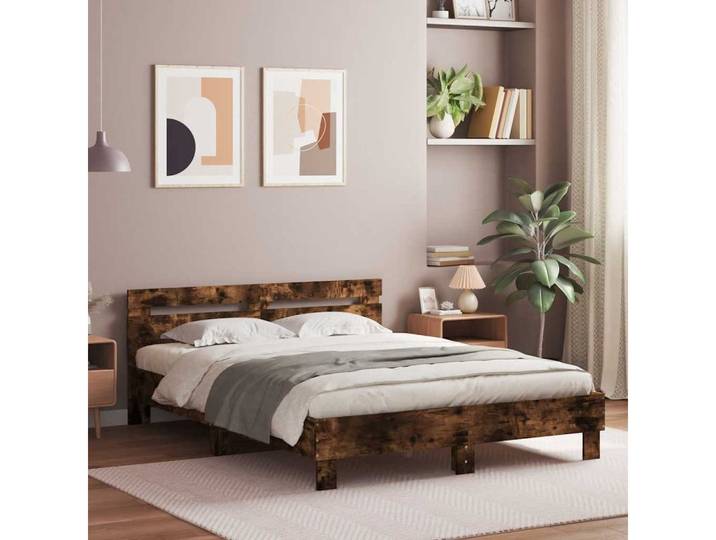 vidaXL Bettgestell vidaXL Bettgestell mit Kopfteil LED-Beleuchtung Räuchereiche 140x190cm