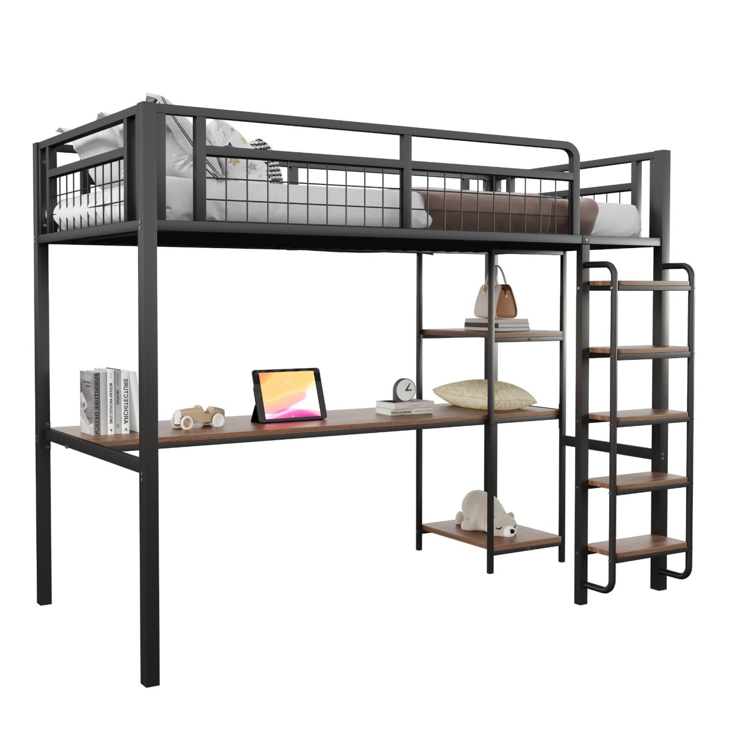 Metall-Hochbett, 90*200 cm, Sicherheitsleiter mit Treppenstufen, Einzelbett, Kinderbett mit Tisch und Regalen, Metallgitter-Sicherheitszaun, Schwarz