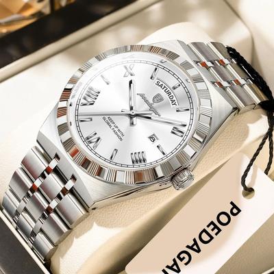 Inspire Select POEDAGAR 675 Luxury Stainless Steel Men's Quartz Watch With Luminous Week & Date Display 675 Silver White