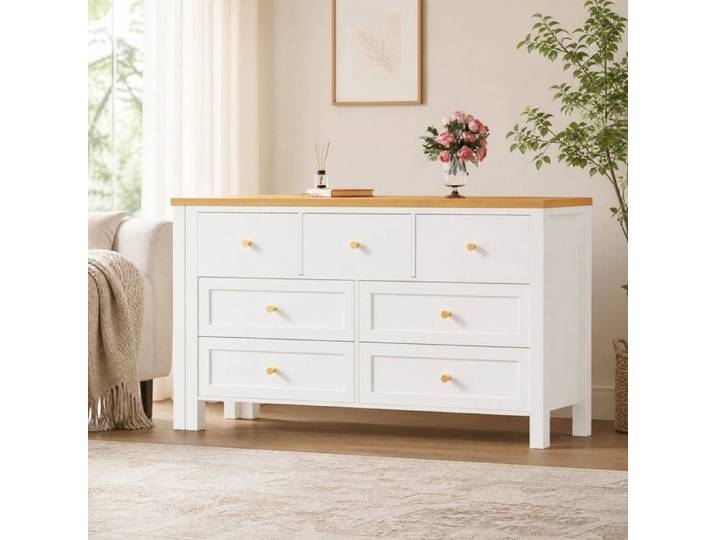 Bureau pivotant 360° avec rangement 7 tiroirs 2-en-1 bureau d'angle blanc aspect chêne panneaux de particules VEVXYN
