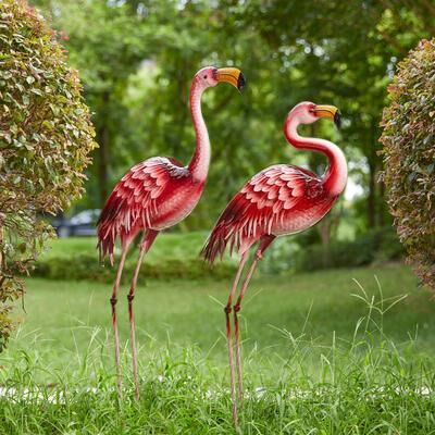Glitzhome Metal Standing Flamingo Garden Statue with Stakes Yard Art Sculpture