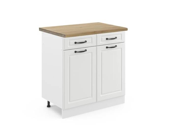 Vicco Küchenunterschrank R-Line, Weiß Landhaus, 80 cm MDF-Front · Arbeitsplatte Eiche · Höhenverst. Füße · 2 Türen · Leichter Zugriff
