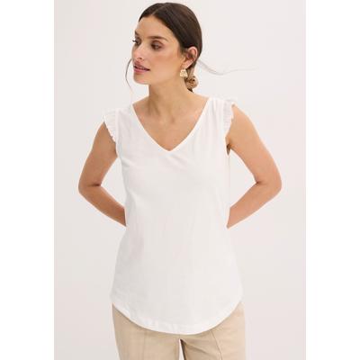 Shirttop BONPRIX, Damen, Gr. 44/46 (L), wollweiß, Jersey, Obermaterial: 100% Baumwolle, unifarben, loose fit hüftbedeckend, V-Ausschnitt, Rüschen, Tops Shirttop, lockerer loose fit, mit süßer Rüsche, aus Baumwolle
