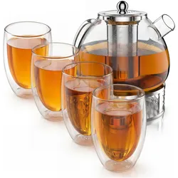 Arendo, Teekanne, Teekanne 1,5 l mit Stövchen & Teesieb + 4 Thermogläser 450 ml ohne Henkel, Borosilikatglas (1.50 l)