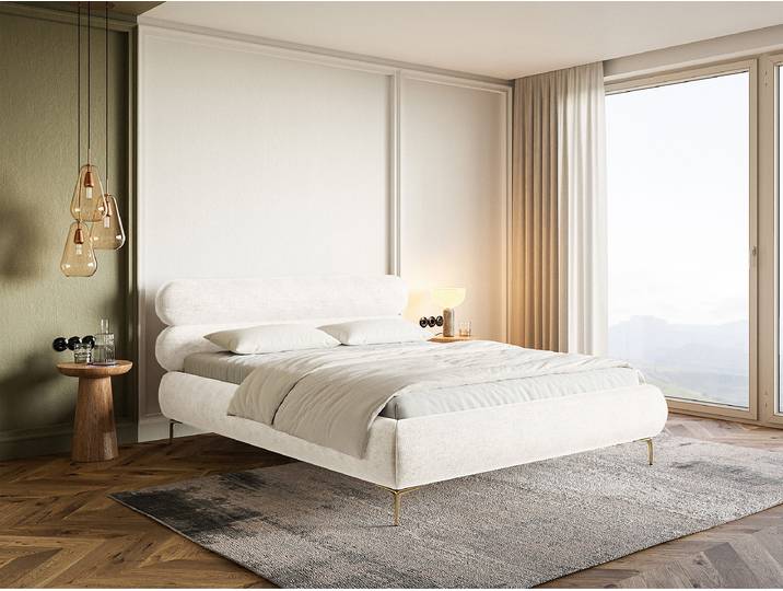 Lit capitonné Roule 140 x 200cm Tissu chenille Pelagia Blanc Doré