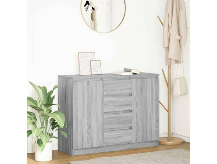 RJPLMFV Anrichte mit Schubladen Sonoma, grau, 100,5 x 35 x 76 cm Holzwerkstoff, 2 Regale, Türen, langlebig, vielseitig einsetzbar, für Wohnzimmer, Esszimmer