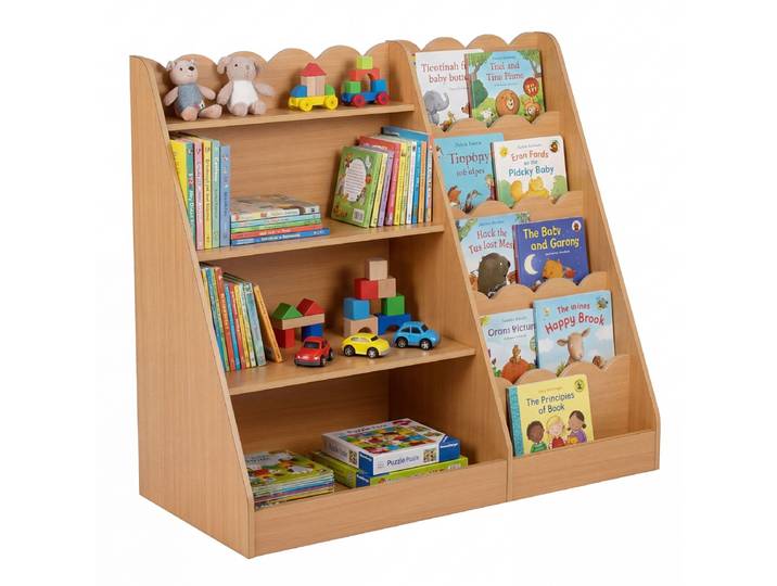 Houten Kinderboekenkast Boekenkast met 5 Planken en 4 Open Vakken Vrijstaande Kinderboekenkast Naturel