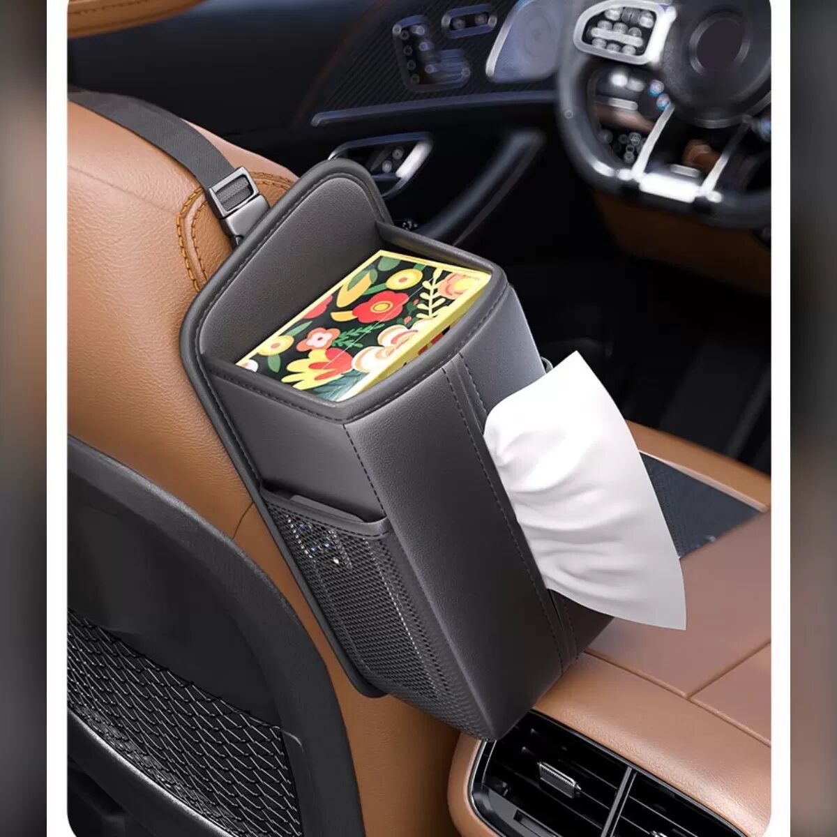 INF Boîte à mouchoirs latérale pour siège de voiture en cuir nappa - Organiseur pliable grande capacité avec sangle élastique