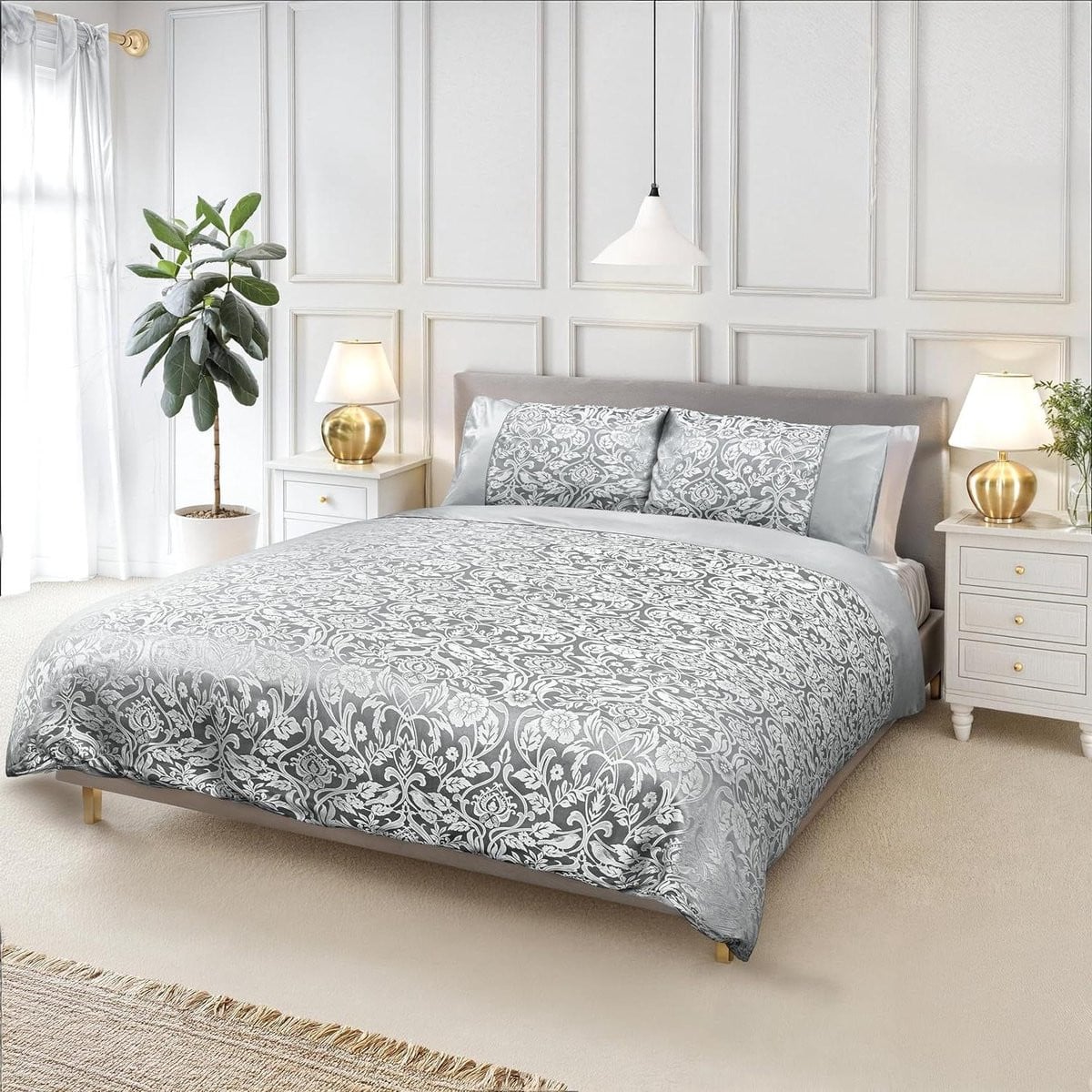 Zilveren eenpersoons dekbedovertrek set met jacquard bloemen design