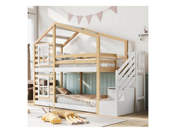 LuxusKollektion Kinderbett Etagenbett 90x200 Natur/Weiss mit Fenster & Treppe
