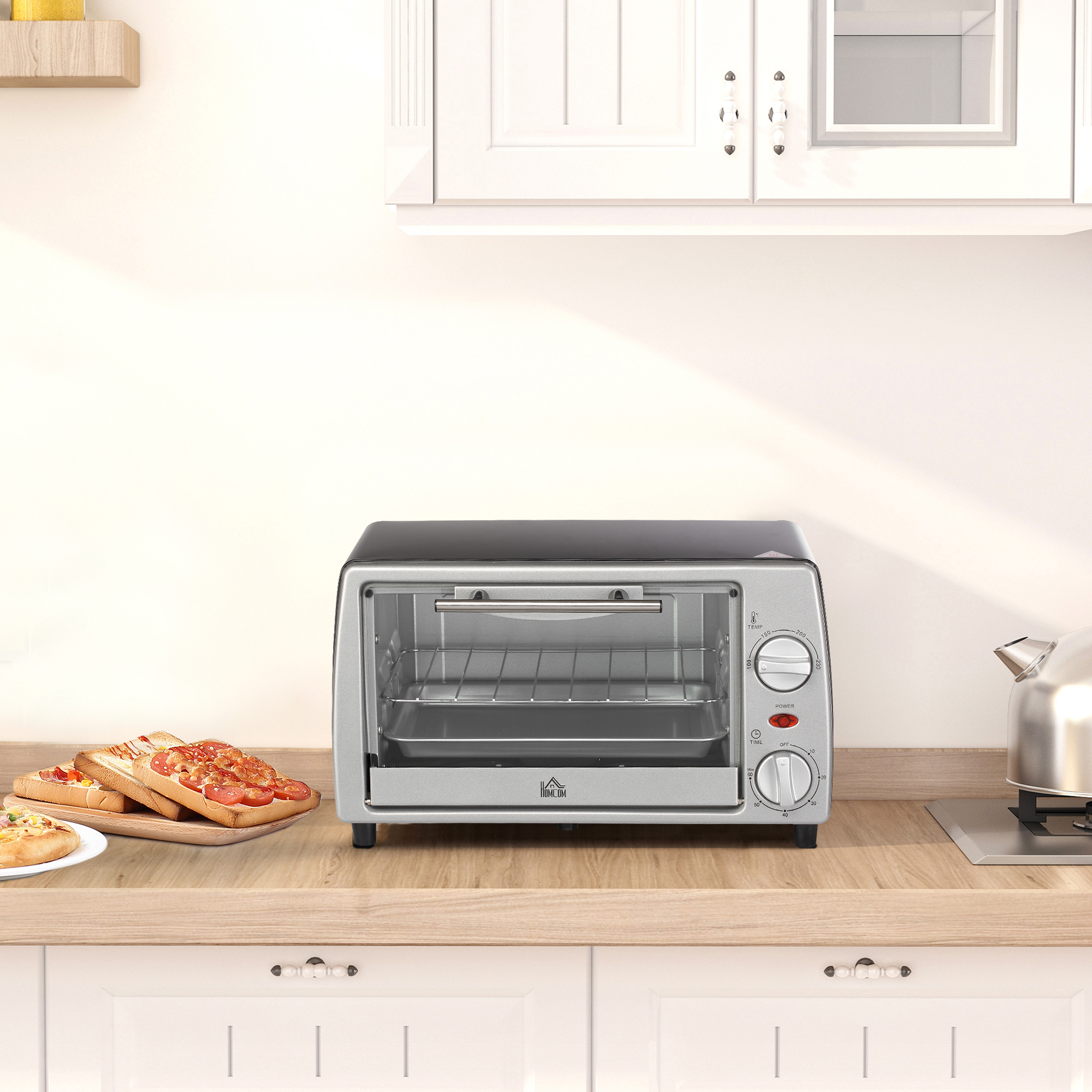 Homcom Fornetto Elettrico 10L Temperatura Regolabile e Timer, Griglia e Teglia Incluse, 36.5x26x22cm, Argento Nero Aosom