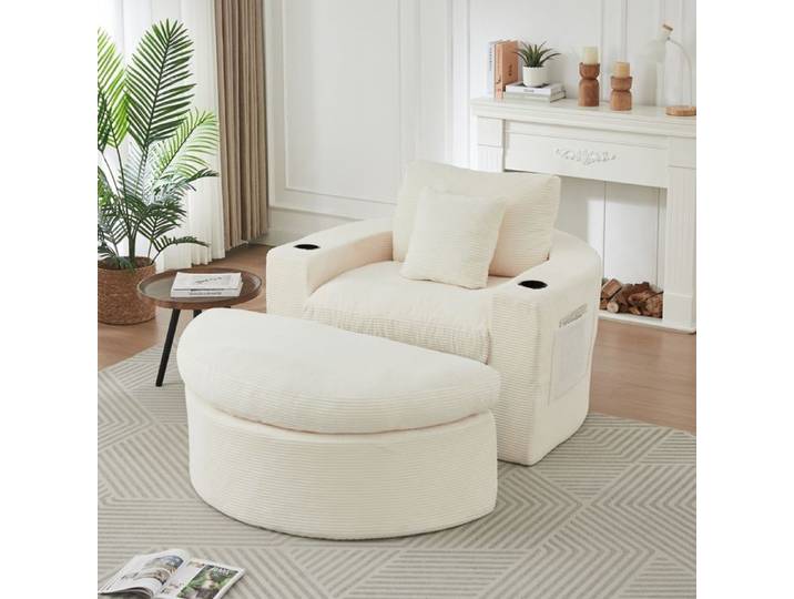 MEUBLIV Fauteuil lounge rond beige en velours côtelé avec pouf mobile poches et porte-gobelets