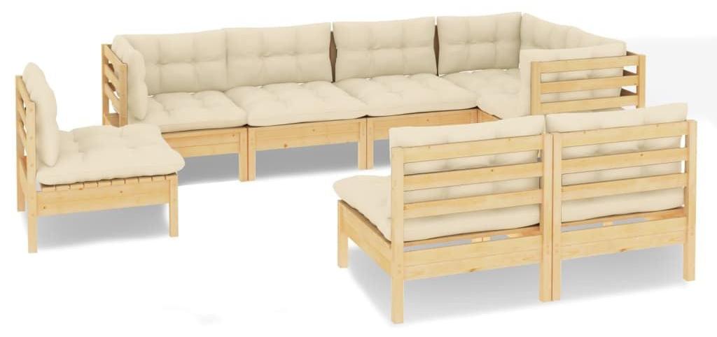 Loungeset, 8-teilig - Aus massivem Kiefernholz - Cremefarbene Kissen - 8 Sitzplätze