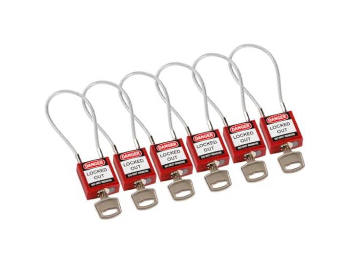 Brady Kompakte Kabel-Vorhängeschlöss 6er-Pack - Lockout Sicherheitsschloss mit Schlüssel - Vorhängeschloss Wetterfest mit langer Bügel - Vorhängeschloss Gleichschließend - Kabellänge 200 mm, Rot