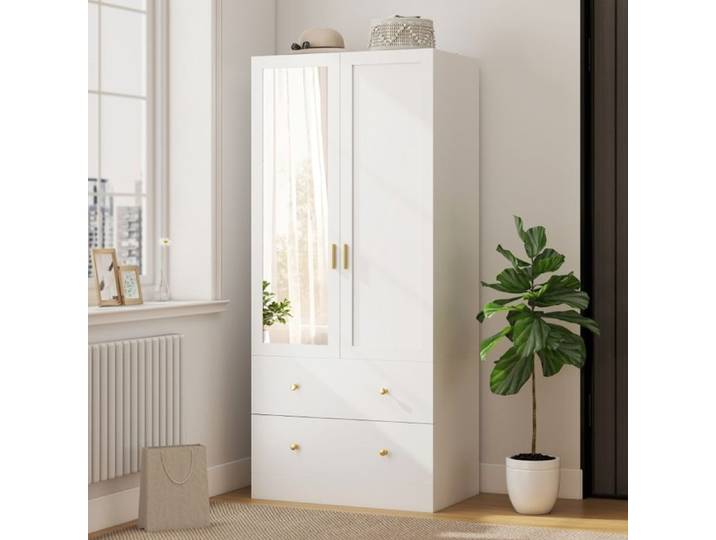 Armoire de chambre moderne avec miroir deux portes deux tiroirs et une tringle à vêtements 80 x 50 x 180 cm blanche