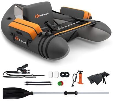 Costway Inflatable Fishing Float Tube with Pump Storage Pockets and Fish Ruler-Gray