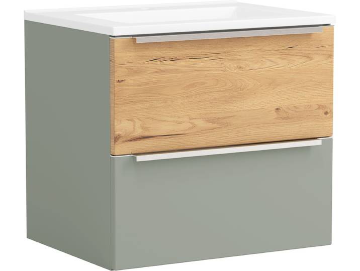 Waschtisch WELLTIME TRIENT, Softclose-Auszüge, Mineralgussbecken , schilfgrün, wildeiche, schilfgrün, B:60cm H:54cm T:47cm, Waschtische, Waschtisch, schilfgrün/wildeiche, Mineralgussbecken