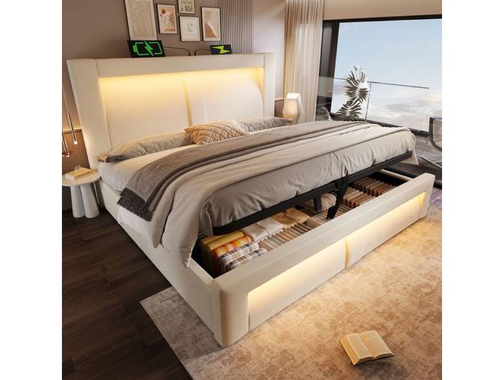 Bladez - Lit coffre 140x200 cm lit capitonné lit double avec hydraulique LED USB-C et design incurvé velours - beige