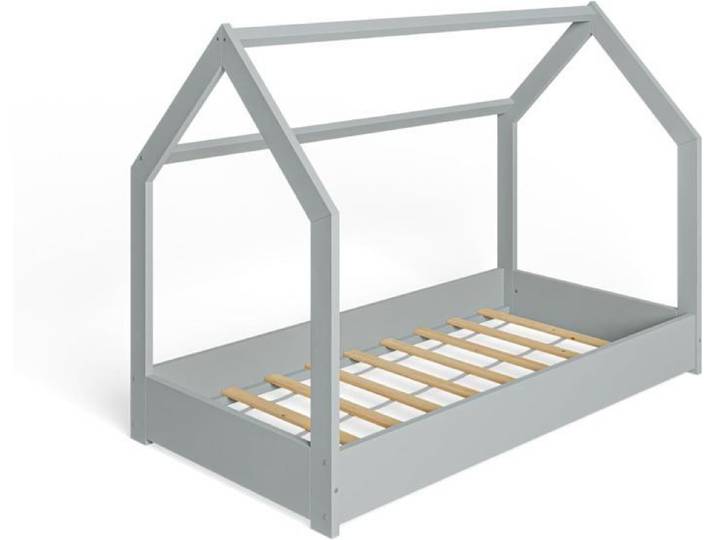 MS FACTORY Lit Enfant Bébé Maison 80x160 cm - Lit en Bois Massif Cabane - Style Scandinave - Gris