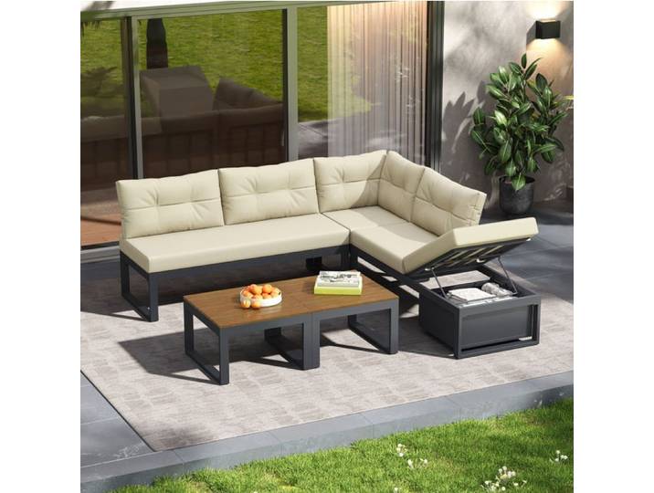 Salon De Jardin D Angle Modulable Beige Avec Dossier Réglable 3 Positions Rangement Intégré Table Basse Polyester Extérieur Métal