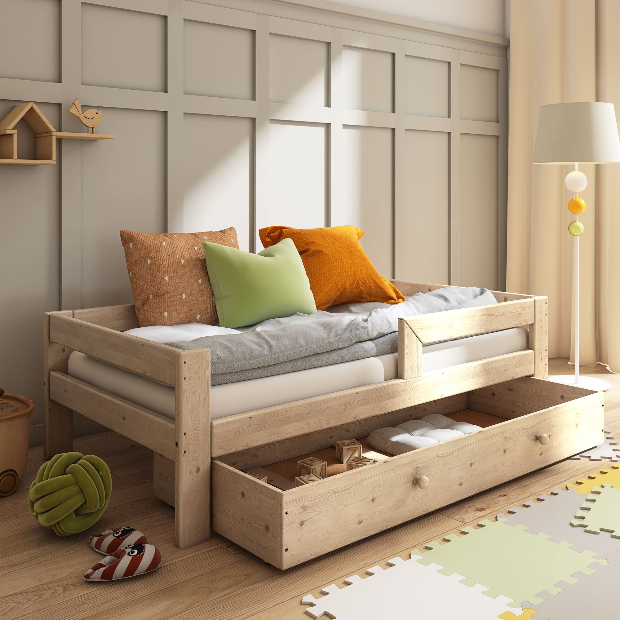 Need Sleep Kinderbett Jugendbett mit Schublade Bettkasten Rausfallschutz Lattenrost Massivholz, 80x160 cm