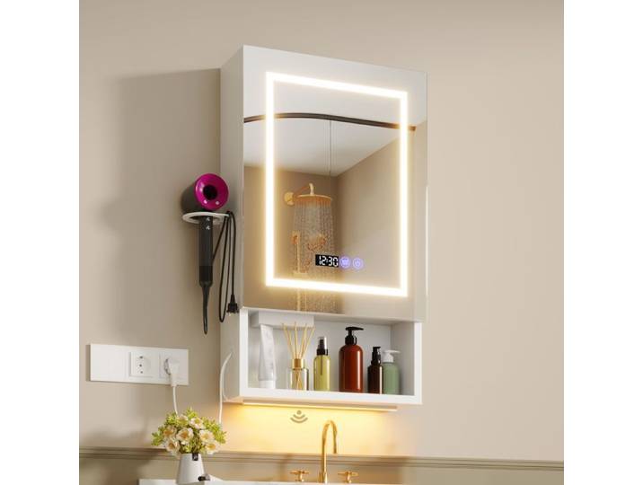 Armoire miroir LED antibuée 80cm - 1 porte 4 rangements - Éclairage réglable - Capteur tactile - Prise