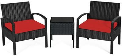 Costway 3 Pieces Outdoor Rattan Patio Conversation Set with Seat Cushions-Red