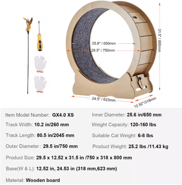 Inspire Picks Large Wooden Cat Exercise Wheel With Detachable Carpet & Teaser Toy 29.5inch