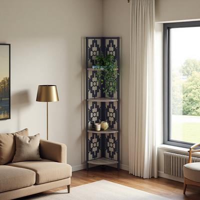 ZWYO HOSIMU 62in Laminate+Metal 4-Tier Corner Etagere Bookshelf, Display Rack with Evenly Spaced Shelves & Transitional Style