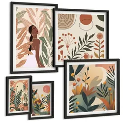 BILDER SET 5er Set - 50x50 cm & 20x30 cm & 40x60 cm Schwarzer Rahmen - Pflanzenmotive in Farben
