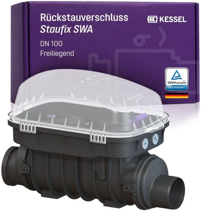 KESSEL Rückstauverschluss Staufix SWA DN 100 73100.10  für fäkalienfreies  Abwasser, freiliegende Montage, 2 mechanische Rückstauklappen,  handverriegelbarer Notverschluss, EN 13564