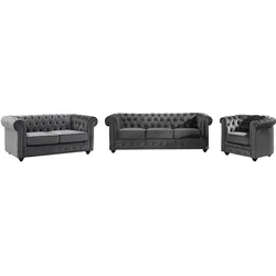 Sofa 3-Sitzer & 2-Sitzer & Sessel - Samt - Anthrazit - CHESTERFIELD