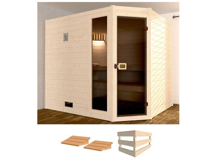 Sauna WEKA Valida Eck 3 , beige (natur), ohne Ofen, (ohne Ofen), Saunen, Sauna, ohne Ofen