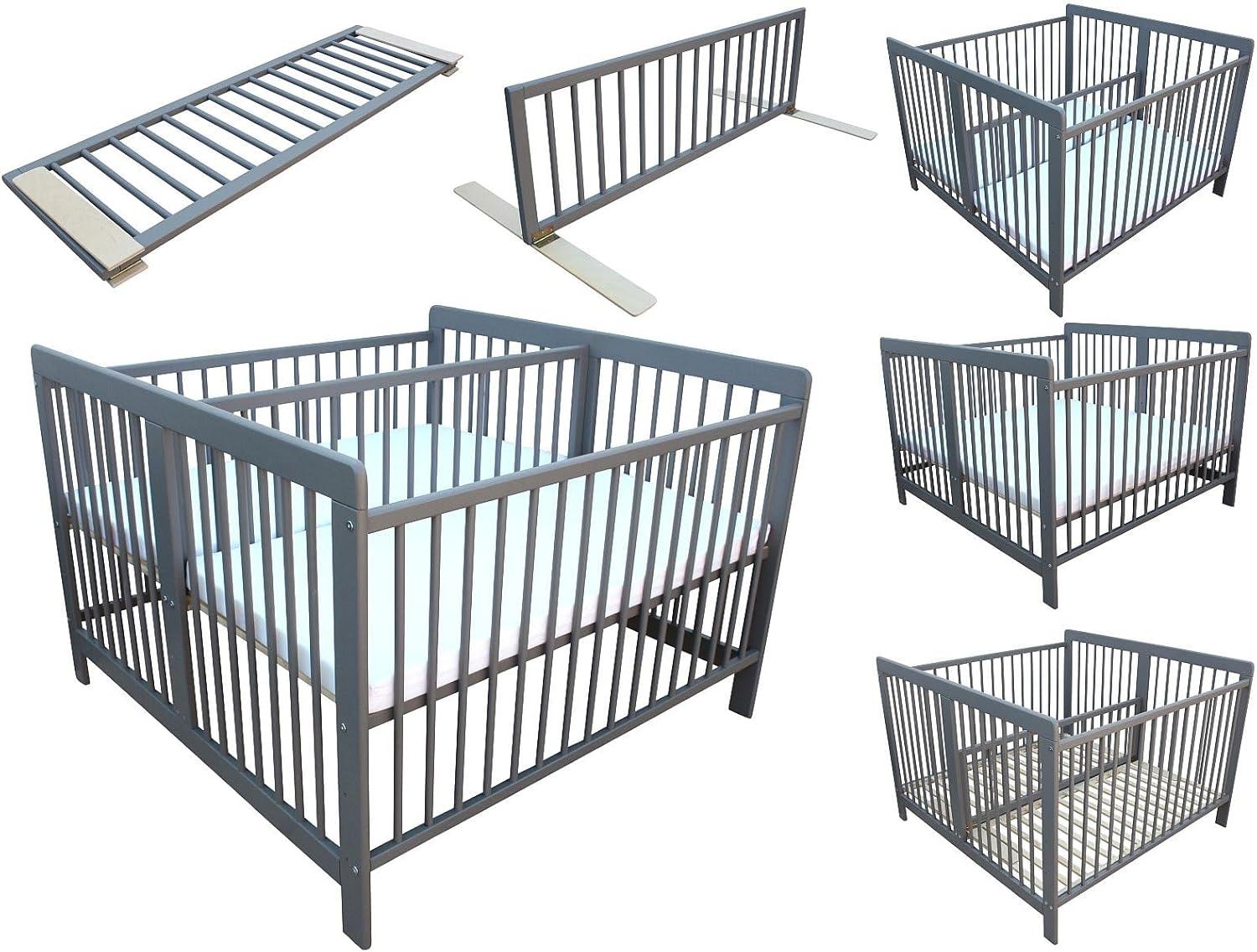 Massives graues Zwillingsbett für Kinder, 2in1-Doppelbett mit 2 Matratzen 120x120cm und Trenngitter