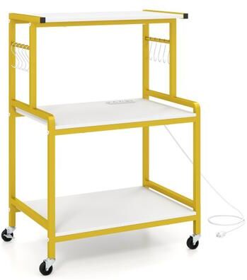 Costway 3-Tier Rolling Microwave Cart with Power Outlet and Lockable Wheels and 10 Hooks-White