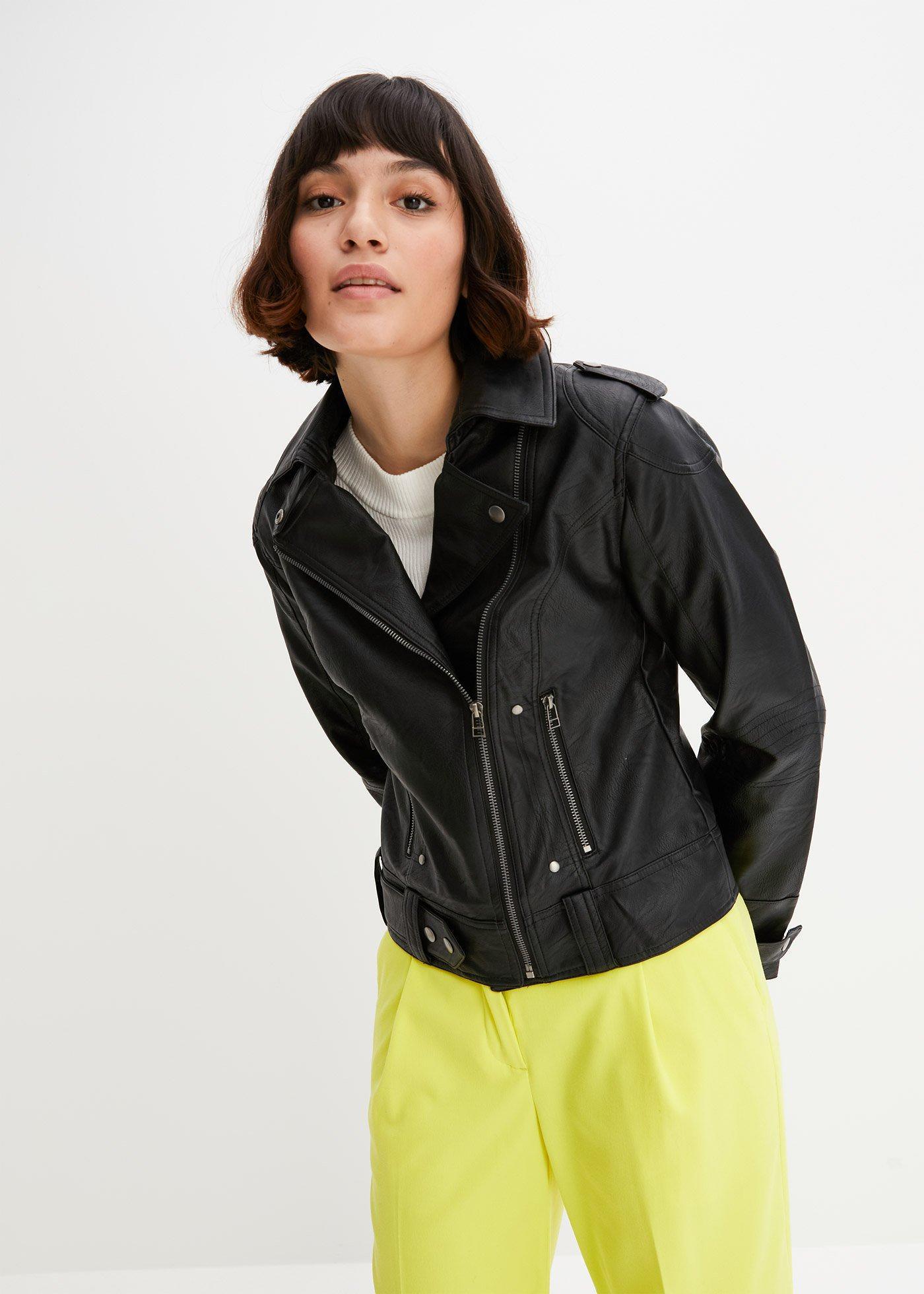 bonprix Biker-Jacke, schwarz, Gr.38, Lässige Jacke aus Lederimitat mit Innenfutter im Leomuster, aus Lederimitat,Viskose
