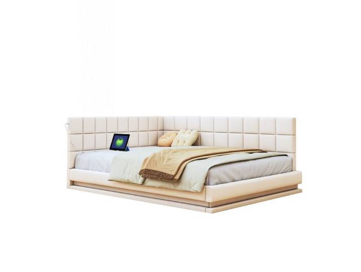Canapé-lit Rembourré-Velours Beige 160x200cm-LED-USB-Sommier Lattes-Multifonction-Sans Matelas