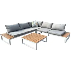 Happy Home 14tlg. Loungeset aus Aluminium inkl. Auflagen HGS64-HGR hellgrau mit Holzoptik