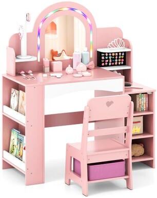 Costway Kids Vanity Set with Colorful LED Lights Princess Makeup Dressing Table with Chair-Pink