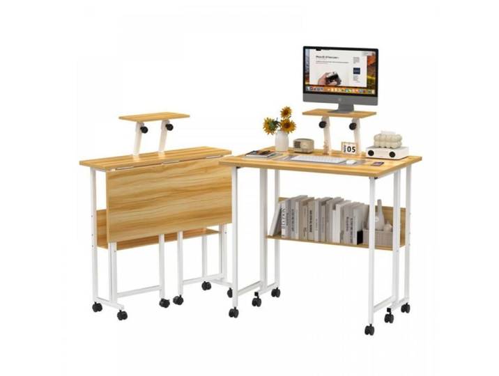 Bureau Pliant avec Roulettes Couleur Bois 58×80×75 cm Bureau D'ordinateur Table Pliante avec étagère Multifonction