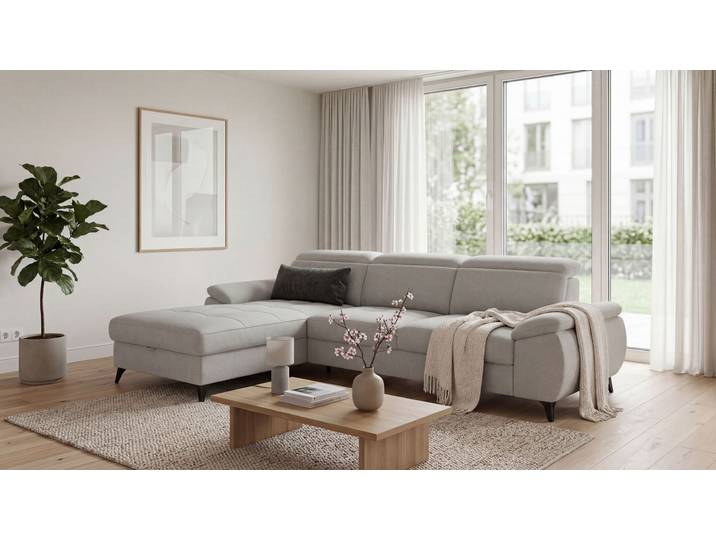 Ecksofa EXXPO - SOFA FASHION TAOS bequem, komfortabel durch Kopfteilverstellung, Breite 281cm , grau (stone), B:281cm H:78cm T:166cm, Sofas, Ecksofa, inkl. Bettfunktion und Bettkasten,toller Sitzkomfort, Steppung im Sitz